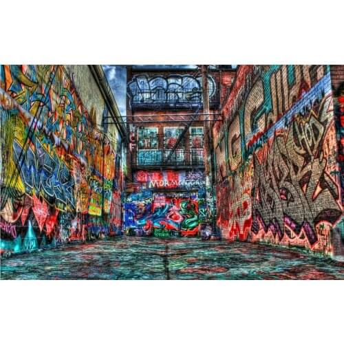 Hip hop graffiti behind apartment building hallway background High quality Computer print wall backdrop