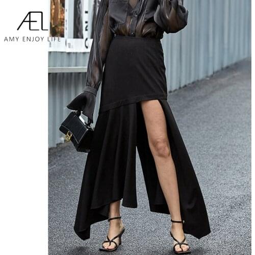 AEL Asymmetry black long Fishtail skirt women high split sexy Max Slit Skirts ruffle 2020 Summer streetwear fashion