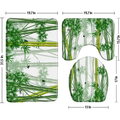 Ink And Green Bamboo Swallow Bath Mats Bathroom Rug 3-Piece Set Flannel Fabric Non-Slip U-Shaped Pad Toilet Cover Bath Decor Set