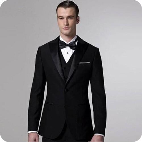 Custom Made Black Men Classic Suits for Wedding Groom Tuxedo Peaked Lapel Best Man Blazer 3Piece Latest Designs Costume Homme