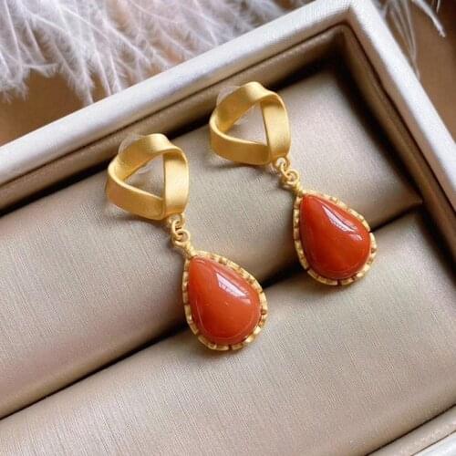 Designer original new ancient gold craftsmanship drop-shaped Hetian jade earrings elegant and luxurious womens silver jewelry