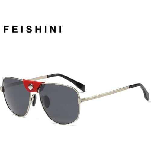 FEISHINI 2020 Black Sunglass Women Vintage High Quality Metal Shield Clear Sunglasses Polarized Men UV Protection