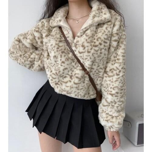 TVVOVVIN Korean Fashion Half Open Collar Long Sleeve Leopard Print Tops Winter Loose Drawstring Plush Sweatshirt EU8C