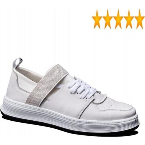 Genuine Leather White Brand Men Sneakers Elastic Band Casual Flats Black Luxury Trainers Round Toe Business Cowhide Shoes