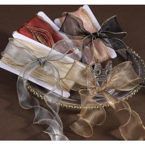 35-45mm Gold Edge Wave Silk Organza Ribbon For Bow Hair Ornament Gift Wrapping Decoration Lace Ribbons