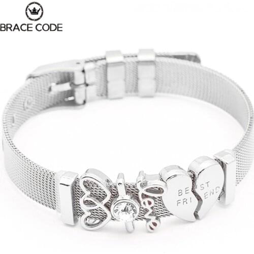 Hot Jewelry Crystal BEST FRIEND Slide Charms Mesh Keeper Bracelet Heart To Heart Brand Bracelets for Women Party Gift