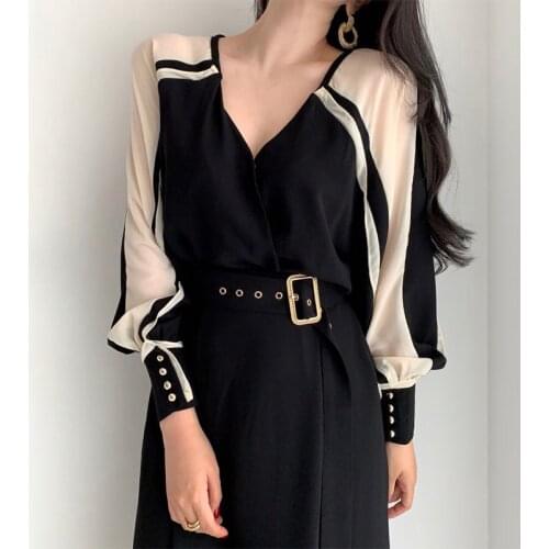 Korean Chic Autumn Temperament Retro Elegant V-neck Contrast Color Dresses Women Sashes Patchwork Long Sleeve Robe Mujer Vestido