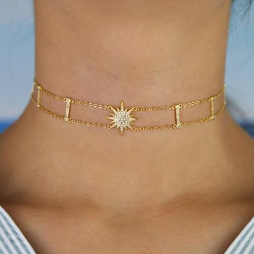 Gold color plated north star charm cz paved with tiny bar double link chain choker short necklace for women wedding jewelry gift