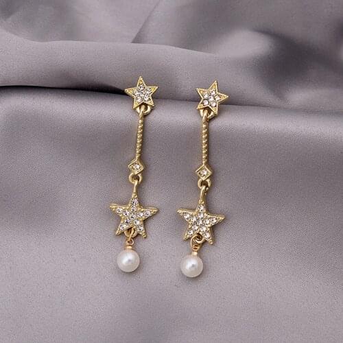 S925 Needle Dangle Earring 2020 Trendy Pearl Star Pendant Long Earrings for Women Gold Color Earings Female Fashion Jewelry