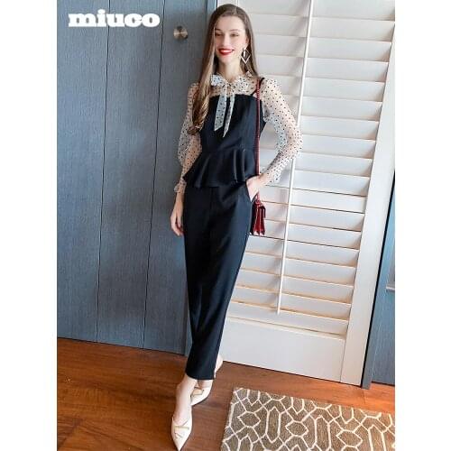 Mesh wave point stitching suspender with lotus leaf top+commute OL Pants suit for women 2021 High Quality Top Quality