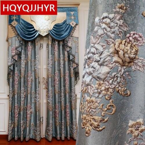 Blue European Royal Luxury High Quality 4D Embossed Jacquard Full Blackout Curtains for Living Room Window Curtain Bedroom Hotel