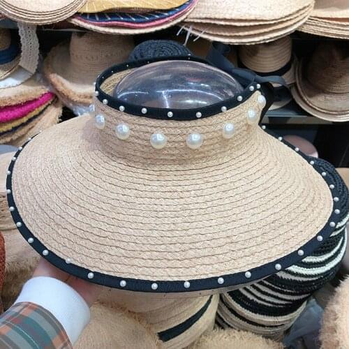 Summer Handmade Straw Raffia Pearl Decoration Empty Top Big Wide Brim Sun Hat For Women Black Ribbon Chapeu Beach Visorsl Hat