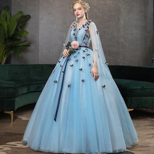 Light Blue Quinceanera Dresses Ball Gowns With Long Sleeves Vestido De 15 Anos Sweet 16 Dress Puffy Dresses For Prom Robe De Bal