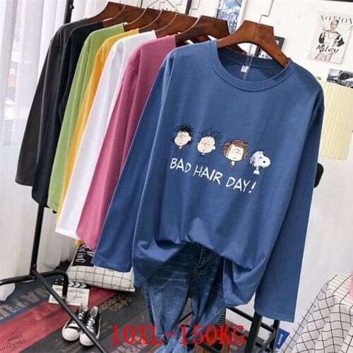 Large size womens T-shirt plus size 8XL 9XL 10XLspring and autumn round neck long sleeve loose black and white blue big T-shirt