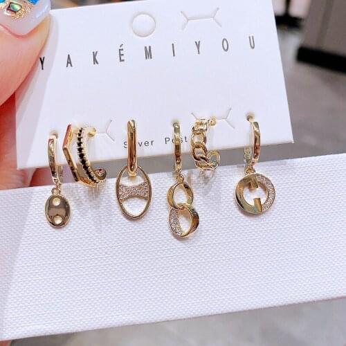 Trendy 6pcs Mixed CZ Crystal Geometric Hanging Earrings with Ear Cuffs Gold Color Cubic Zircon Women Jewelry