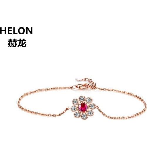 Solid 18k Rose Gold Natural Diamonds Bracelet for Women Natural Ruby Chain Link Flower Shape 16cm+2cm Length