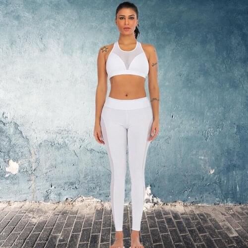 Skin-friendly Women Sports Suit Elastic Mesh Splicing Workout Clothing Set Tops Pants Breathable Gym Wear Yoga Sets