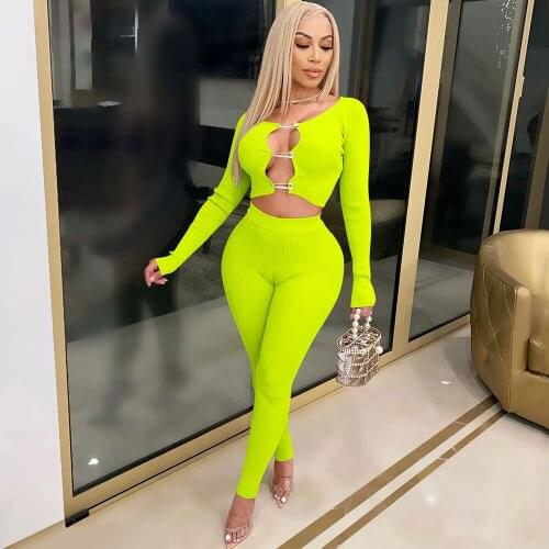 Ribbed Knit Two Piece Set Women Sexy Club Outfits Long Sleeve Button Hollow Out Bandage Crop Top and Pencil Pants Matching Sets