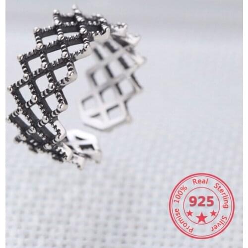 Korea Hot Style 925 Sterling Silver Simple Retro Vintage Black Big Mesh Open Ring Women Jewelry