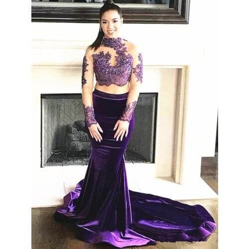 2 Pieces Elegant Purple Velvet Prom Dresses Illusion Long Sleeve High Neck Sequined Lace Mermaid Evening Party Gowns Customize