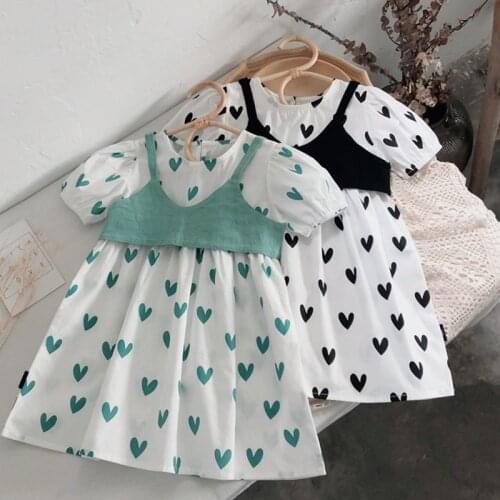 2021 Girls Love Print Dress Summer 2-8T Kids Cute Clothes Children Two-piece Summer Western Style Korean Sweet Princess Dresses