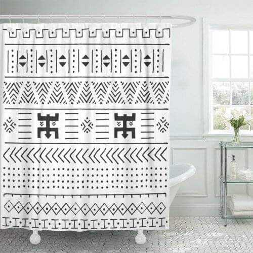Black and White Tribal Ethnic Pattern Geometric Traditional African Shower Curtain Waterproof Polyester Fabric 60 x 72 Inches