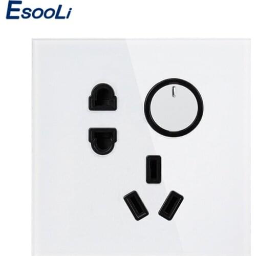 Esooli 10A Wall Electrical Power Socket 5 hole Power Outlet and 1 Gang 1 Way Wall Light Switch White Crystal luxury glass