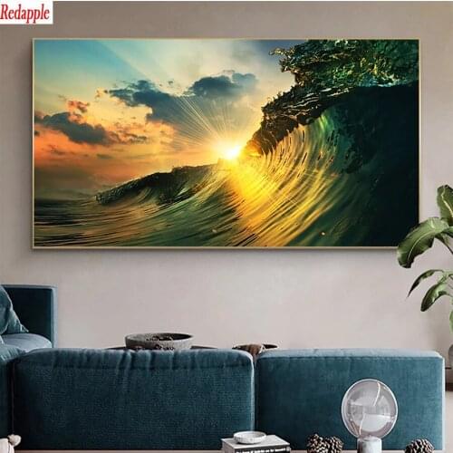 5d photo Round Diamond Painting Natural landscape, sunset waves Full Drill Square Mosaic Home Decor Handmade Embroidery Gift