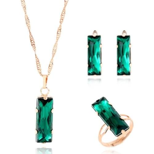 Classic AAA Green Crystal Square Earrings Necklace Ring Jewelry Set Cheap Price 3pcs/set Engagement Jewelry Set