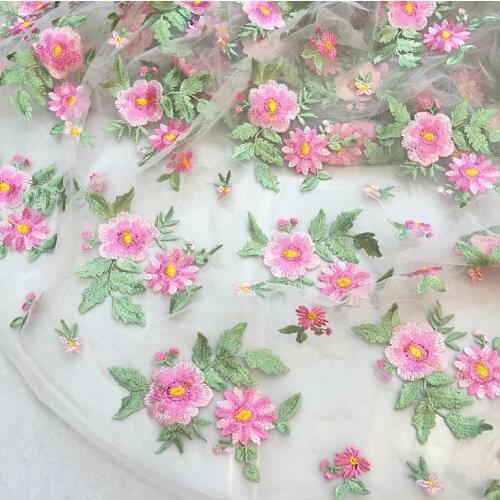 High grade pinkflower mesh embroidery lace fabric Wedding Dress Tulle Material fabrics for patchwork kumas telas por metros