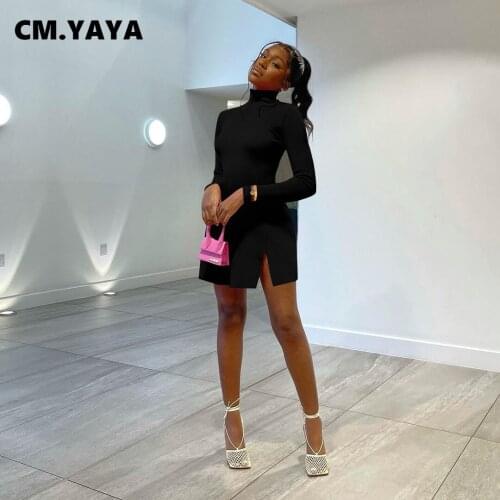 Lemon Gina Women Mini Dress Solid Full Sleeve High Collar Stretchy Bodycon Splited Dresses Fashion Office Lady Vestidos Autumn