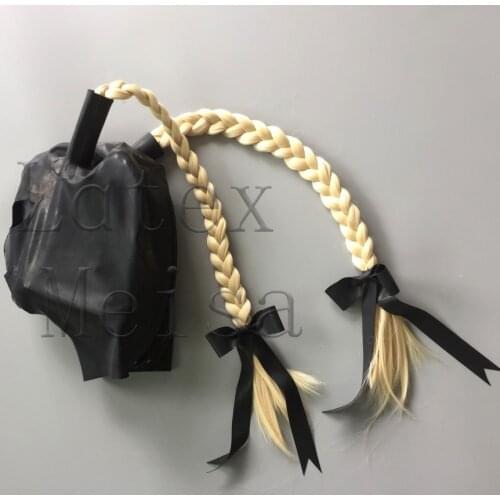 Novelty Fetish latex hoods with pigtails decorations and open eyes nostrils and mouth with back zip for women