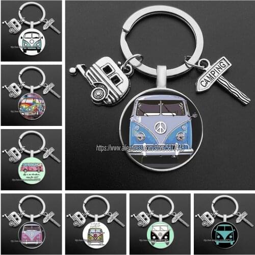 New Vintage Hippie Peace Sign Van Bus Keychain Fashion Men Women Camping Purse Bag Car Pendant Key Chain Ring Holder for Girl
