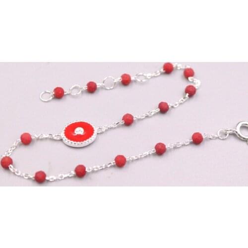 New Pure 925 Sterling Silver Width 3mm Red Crystal Beads Rolo Link Chain Bracelet 19cm