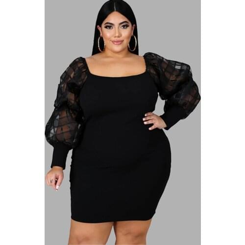 Fall Clothes Mini Dresses for Women Mesh Long Sleeve Dress Slash Neck High Waist Sexy Dress Plus Size Wholesale Dropshipping