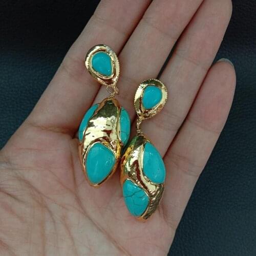 YYGEM 17x33MM Blue Turquoise Yellow Gold Plated stud Earrings Cute for women