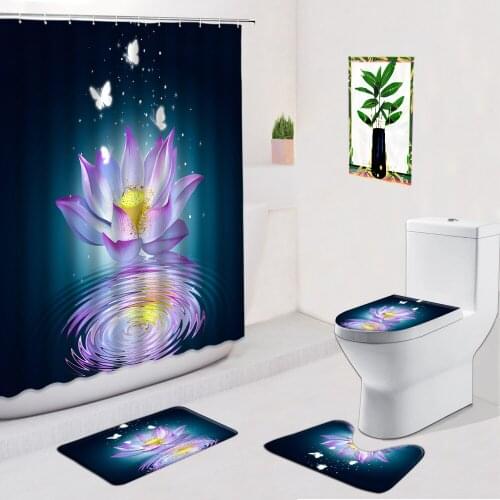Flower Butterfly Shower Curtains Floral Lotus Plant Bathroom Decoration Non-Slip Carpets Bath Mat Toilet Cover Pad Footmat Sets
