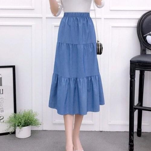 2021 Summer Women Tencel Blue Skirt Preppy Style Patchwork Shirring Thin Jeans Skirts Denim A-line Elastic High Waist Long Saias