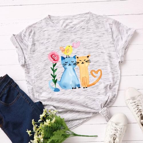 Women Short Sleeve Cotton T-Shirts Cartoon Cats Birds Graphic Tees Summer Tee Tops for Female Loose Casual Oversized Tee Clothes