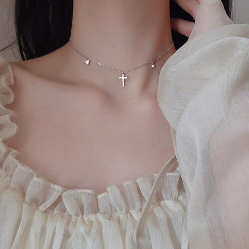 925 Sterling Silver Crystal Cross Heart Star Charm Pendent Choker Necklaces for Women Statement Jewelry Accessories dz246