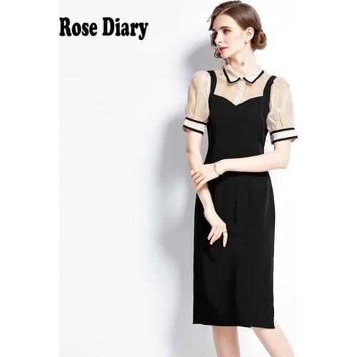 RoseDiary Women Tulle Midi Dress Ladies 2021 Spring Summer Short Sleeve Single-breasted High Waist Slim Long Dresses