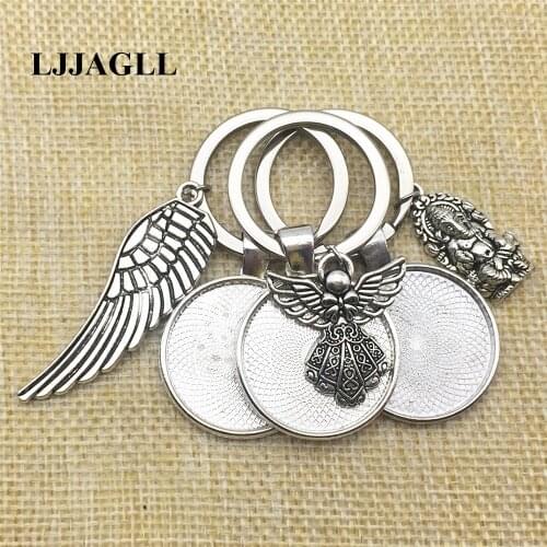 Mix 5pcs Angel Feather Charms Alloy Religion Buddhism Keychain Fit 25mm Dia Flower Base Key Ring Chain Diy Jewelry Make AYSQ215