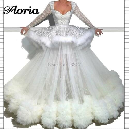 Arabic Couture New White Feathers Formal Evening Dresses For Pageant Dubai Islamic Prom Dress Ball Gown Party Turkish Gown Aibye