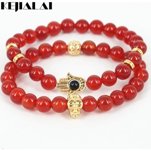 KEJIALAI Natural Red Round Stone Beads Men Hamsa Hand Bracelet Beaded Gold Color Skull Head Women Bracelet As A Gift A0596