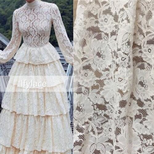Ivory Beige High quality guipure corded Lace fabric French Wedding lace fabric Chantilly embroidery lace fabric 1 yard