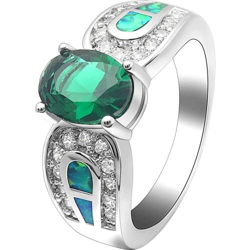 Big Round Shape Charm Green Color Zircon Jewelry Fashion Wedding Engaqgement Ring For Woman Party Gift Blue Fire Opal pave