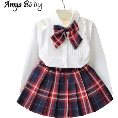 Amyababy Kids Clothing Girls Clothing Set Long Sleeve Blouse + Plaid Skirt + Bowknot 3pcs Girls Outfits Toddler Clothes