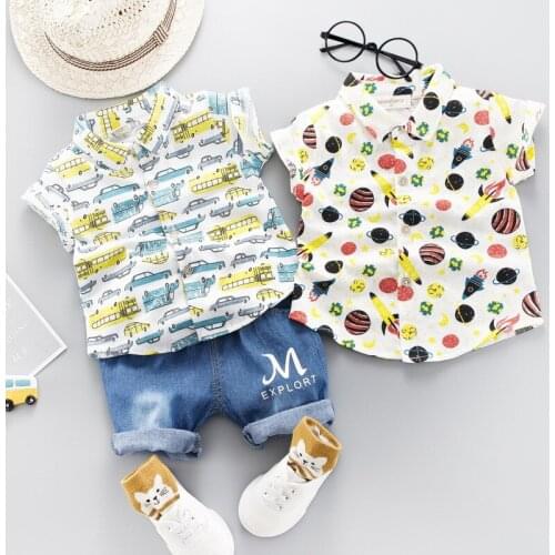 2019 New Summer Baby Boys Clothes Set Cartoon Print Short Sleeve Shirt + Short Jeans 2-5 Years Kids Fashion Set