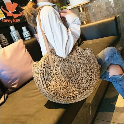 CAREY KEY Summer Round Straw Bags Women Rattan Shoulder Bag 2021 New Handmade Woven Beach Handbags Female Messenger Totes Bag