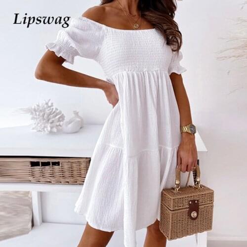 Fashion Sexy Off Shoulder Mini Dress Women Elegant Backless 2021 Summer Loose Party Dress Casual Solid Short Sleeve Beach Dress